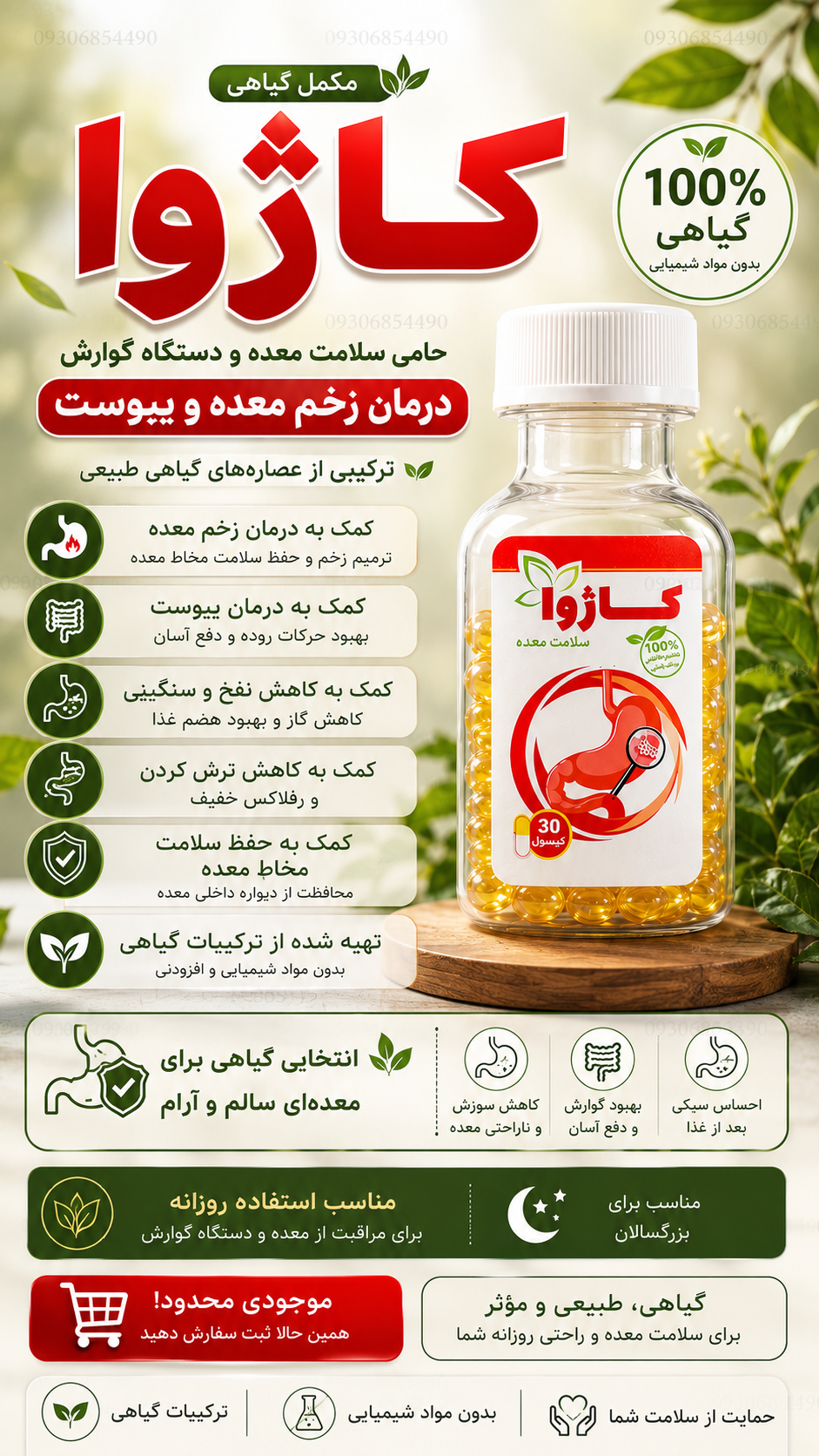 قرص معده کاژوا (کاملا گیاهی درمان زخم معده ،یبوست سیمانی ، دردهای گوارشی )